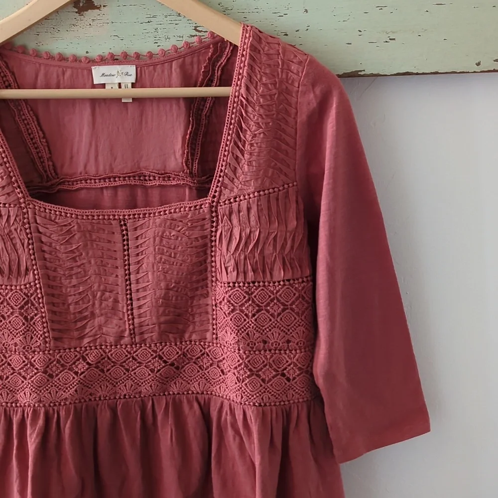ANTHRO I Terra Cotta Nosara Crochet Lace Peplum Shirt Top by Meadow Rue, S